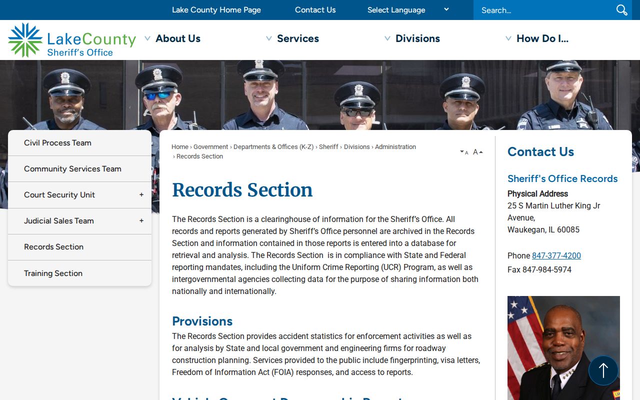 Lake County arrest records at the Sheriff Records Section