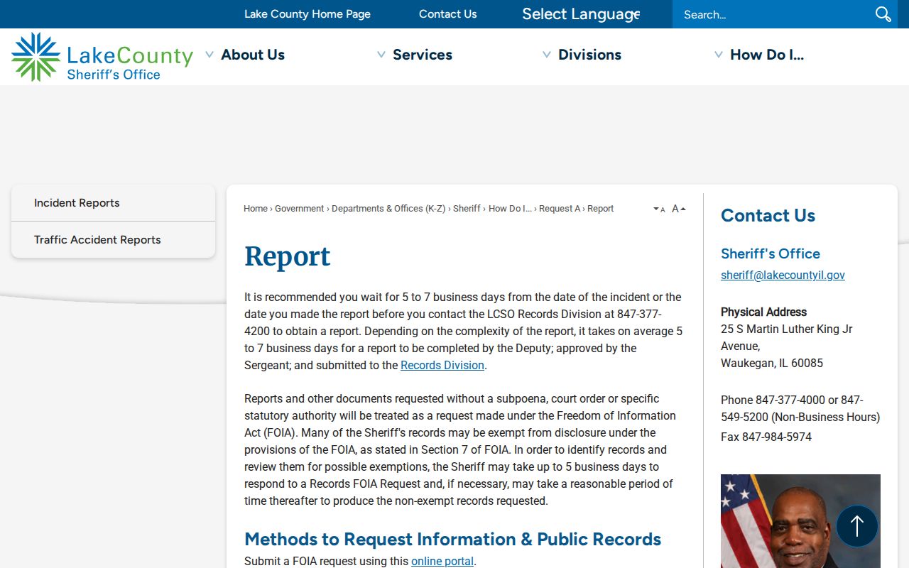 Lake County arrest report and Sheriff FOIA request instructions
