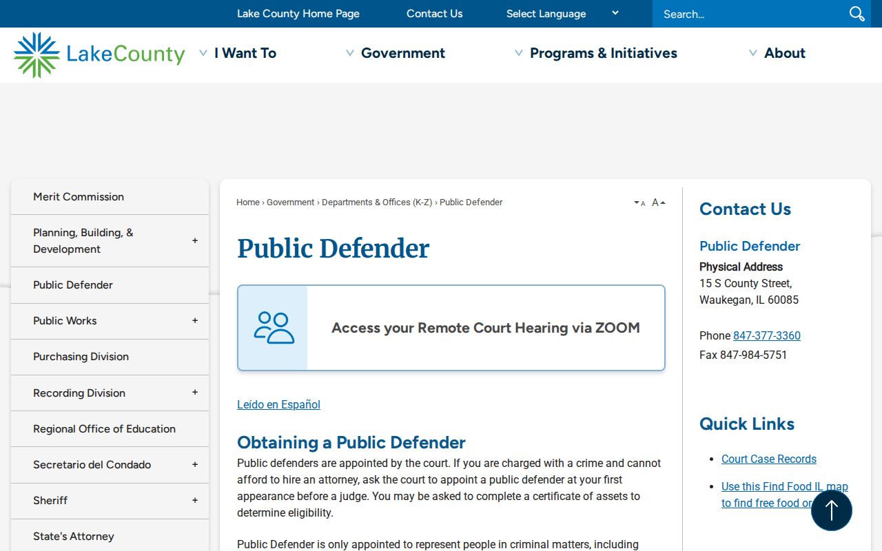 Lake County criminal court case Public Defender information