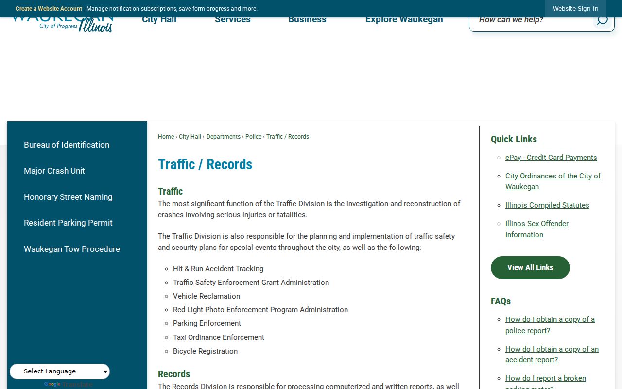 Waukegan criminal records Traffic and Records request page